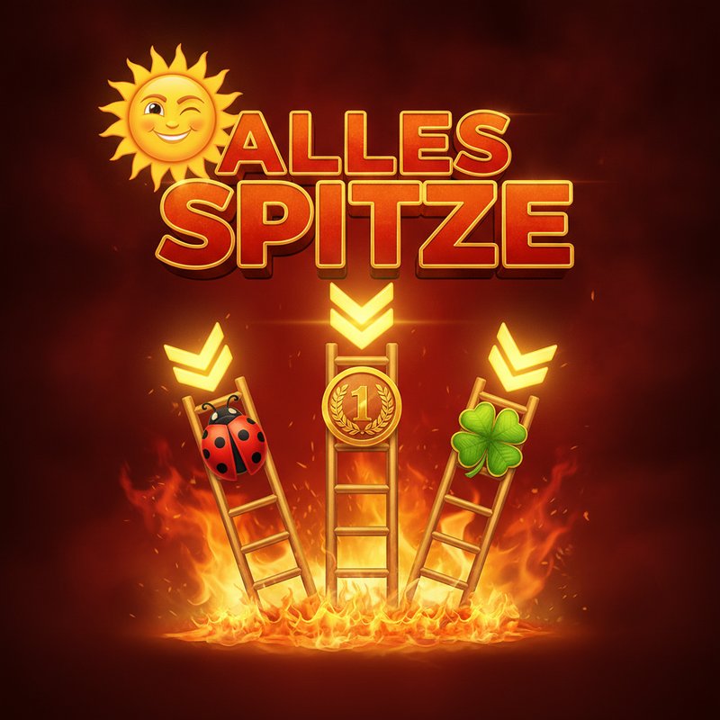 Alles Spitze Merkur Slot mit drei Gewinnleitern für Käfer, Münze und Kleeblatt vor flammendem Hintergrund